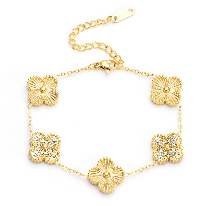 18K Gold-Plated Stainless Steel Four-Leaf Clover Bracelet Set with Zirconia Stones - Image 3